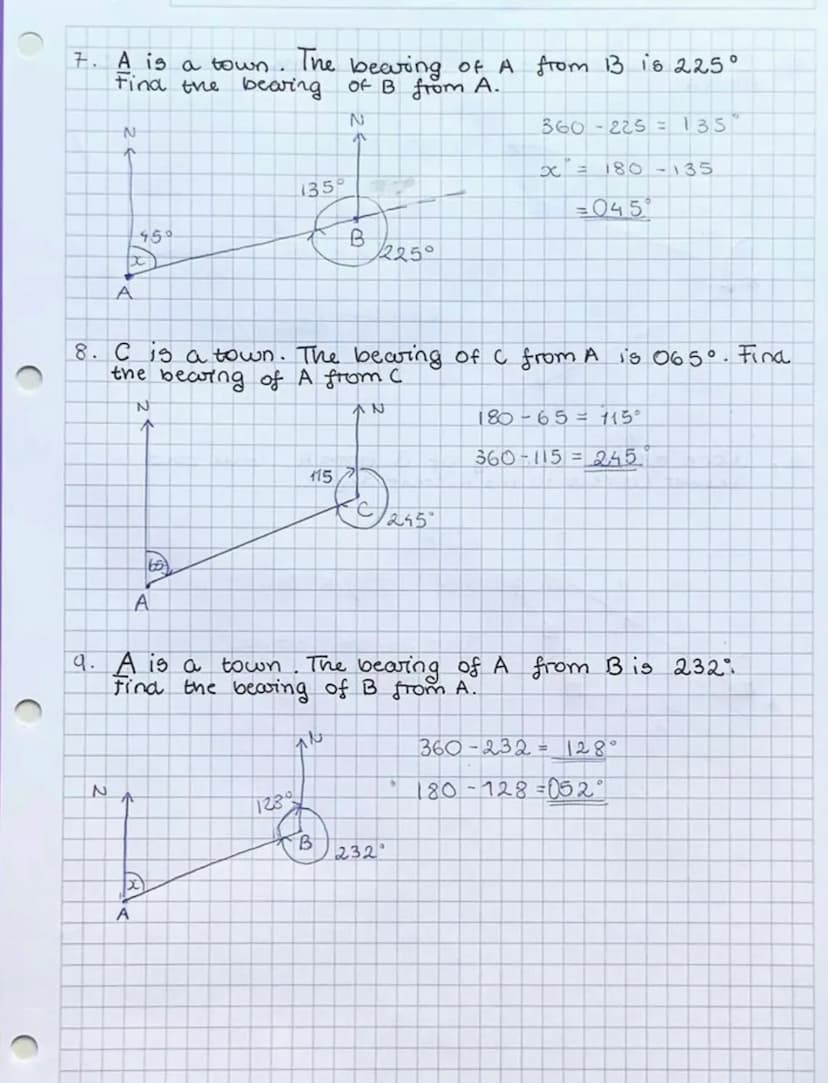 1. work out the bearing of B from A.
B
B
140
60%
Bearings
2. Work out the bearing of B from P.
AN
N
↑
Y
K
160°
N
5001
A
1200
288°
XV 1180
18