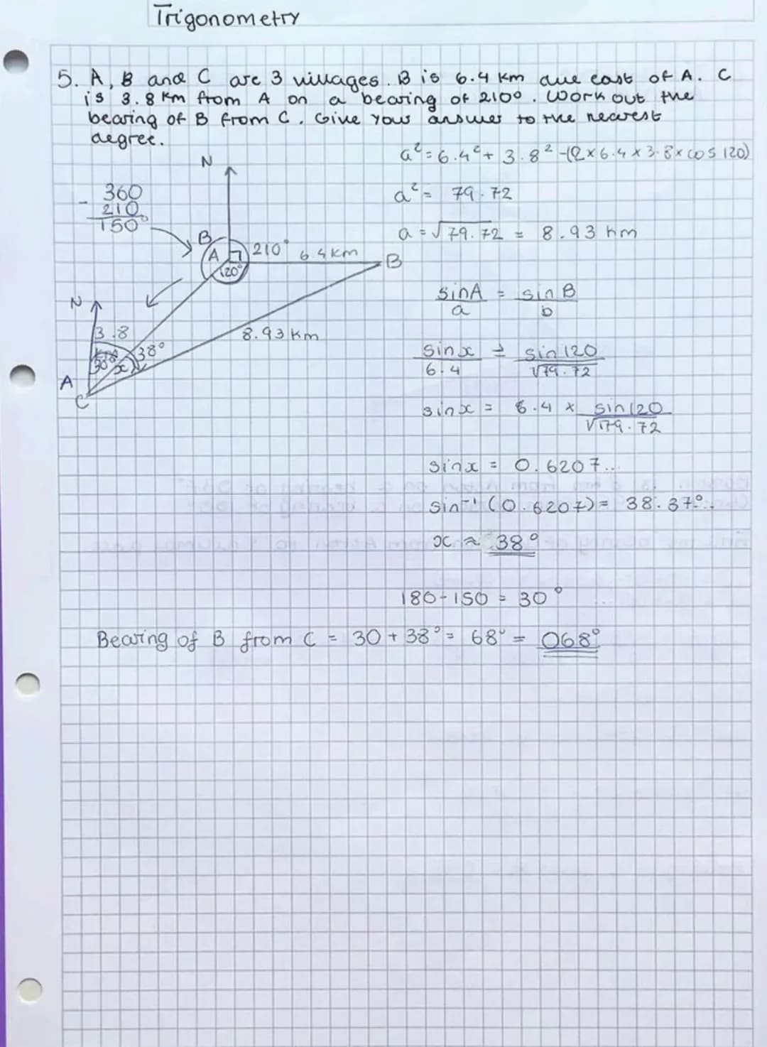 1. work out the bearing of B from A.
B
B
140
60%
Bearings
2. Work out the bearing of B from P.
AN
N
↑
Y
K
160°
N
5001
A
1200
288°
XV 1180
18