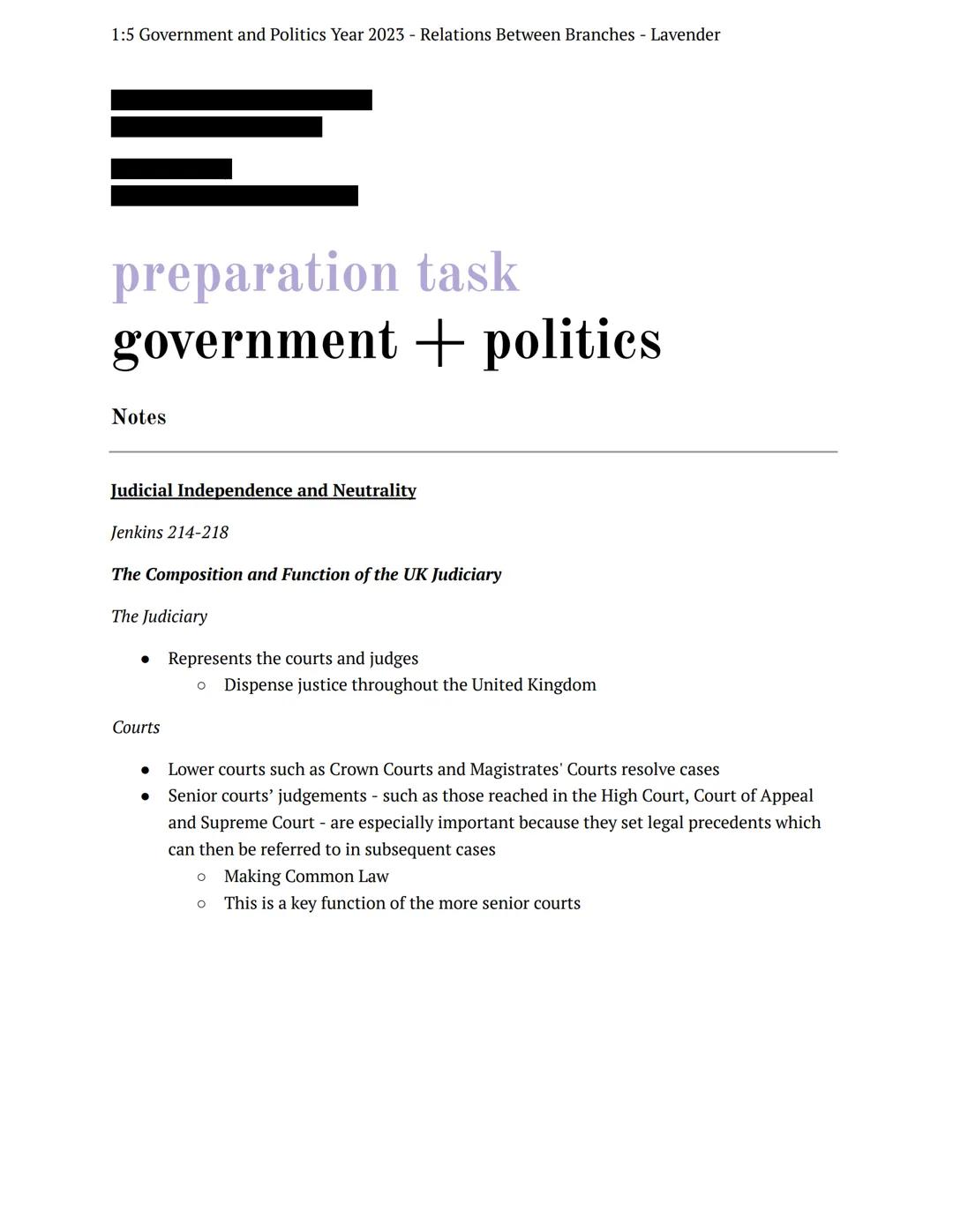 1:5 Government and Politics Year 2023 - Relations Between Branches - Lavender
=
preparation
task
government politics
Notes
Judicial Independ