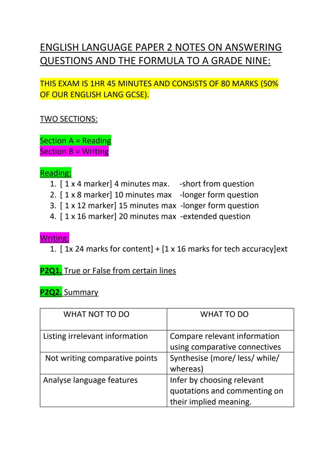 ENGLISH LANGUAGE PAPER 2 NOTES ON ANSWERING
QUESTIONS AND THE FORMULA TO A GRADE NINE:
THIS EXAM IS 1HR 45 MINUTES AND CONSISTS OF 80 MARKS 
