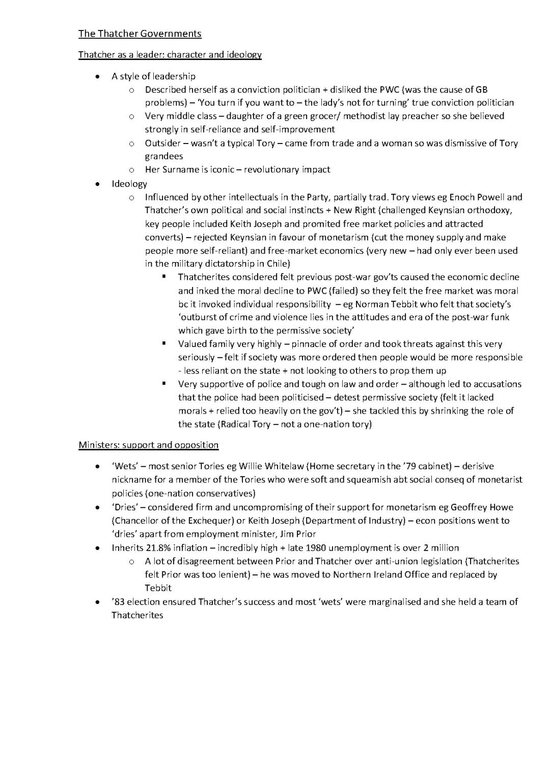 A Level History Modern Britain Topic 4 Section 1 The Thatcher Government