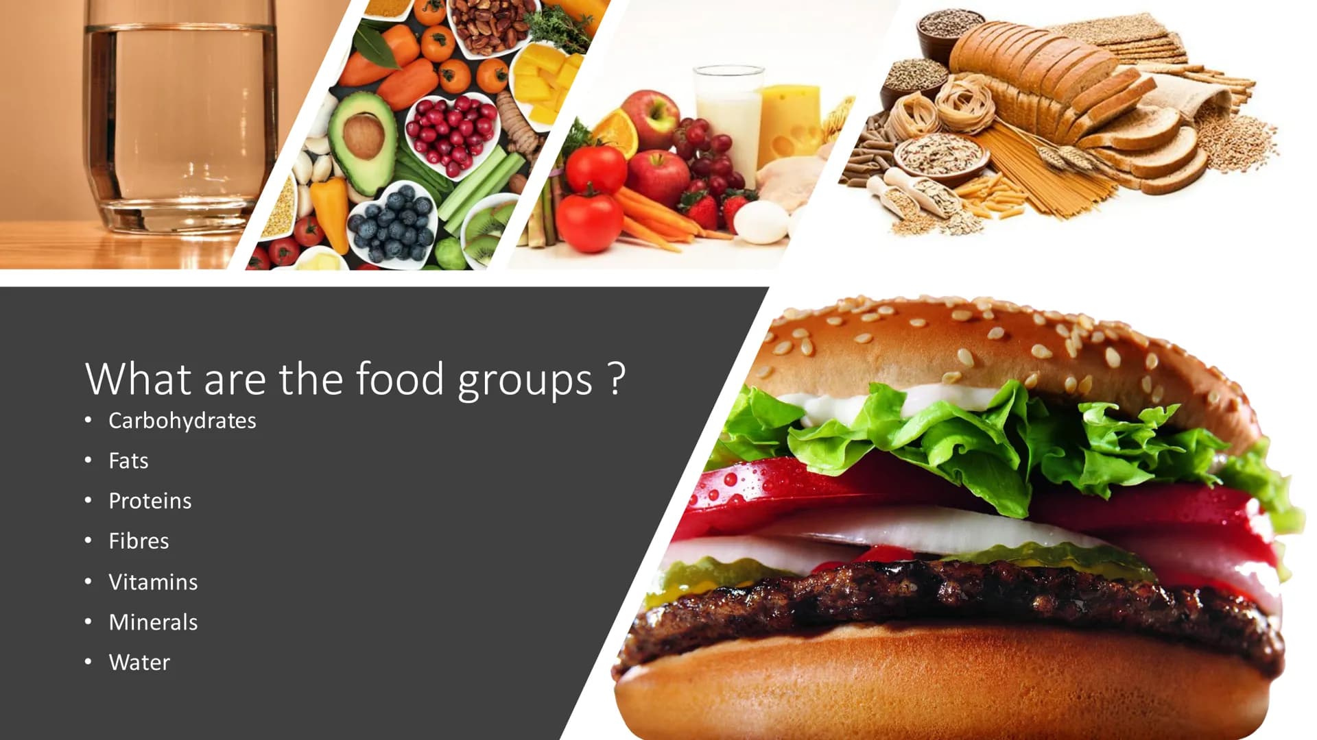 Food Groups
Sources: NHS, Healthline.com
V
18 What are the food groups ?
Carbohydrates
Fats
• Proteins
• Fibres
●
●
●
Vitamins
Minerals
• Wa