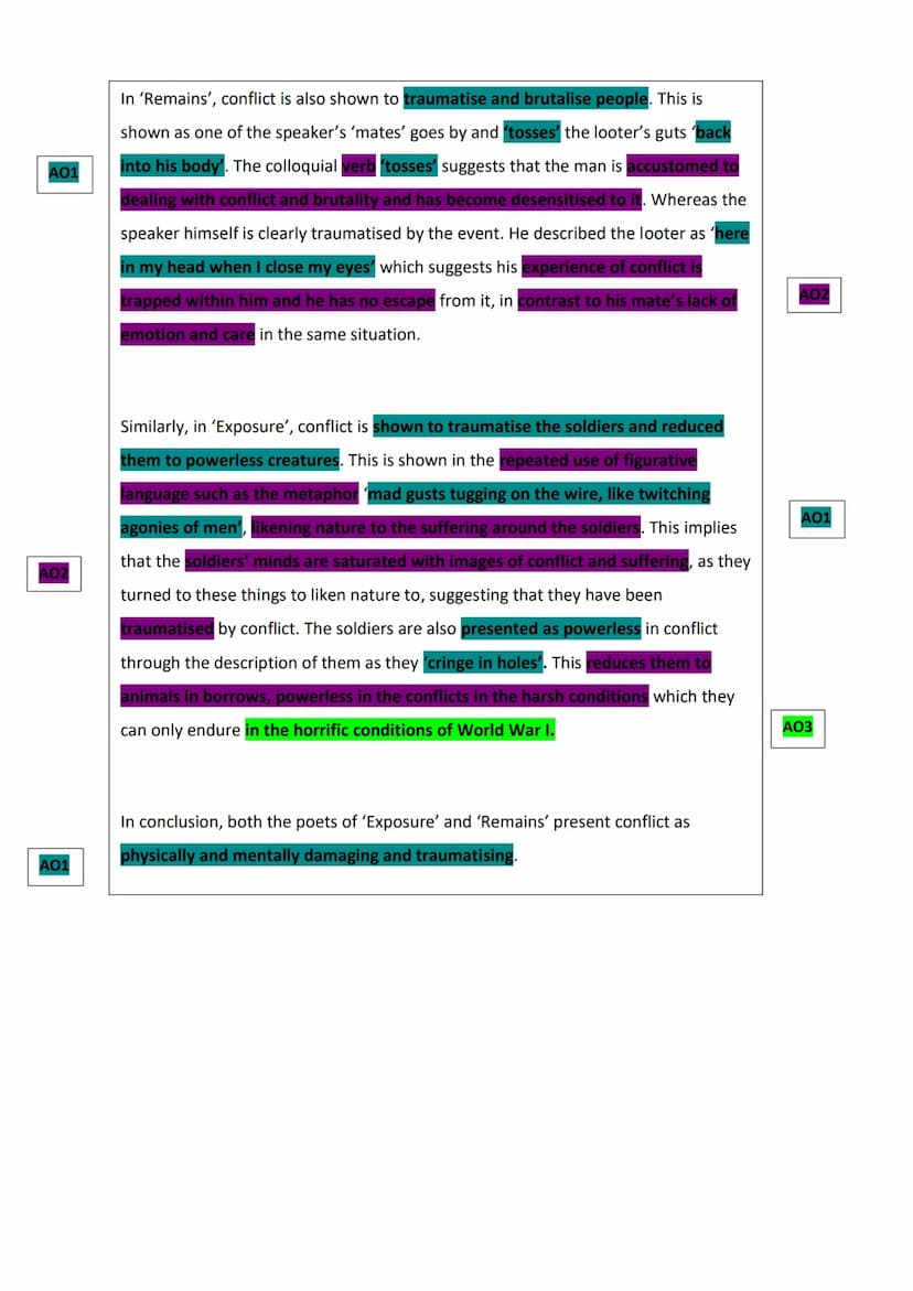 A01
A03
How do poets present the effects of conflict in 'Remains' by Simon Armitage and one other poem in
the anthology? (Exposure and Remai