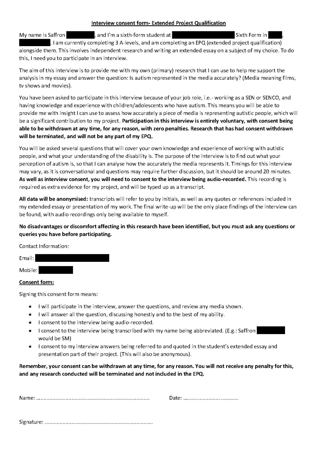 EPQ interview consent form example 