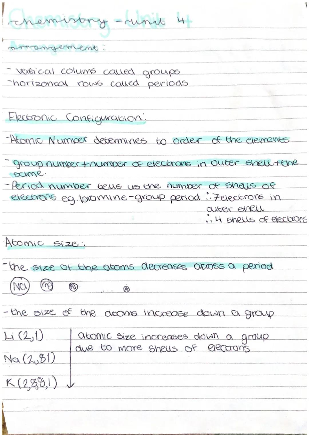 nemistry - cunit 4.
ement:
- vertical colums called groups.
-horizontal rows called periods.
Electronic Configuration:
-Atomic Number determ