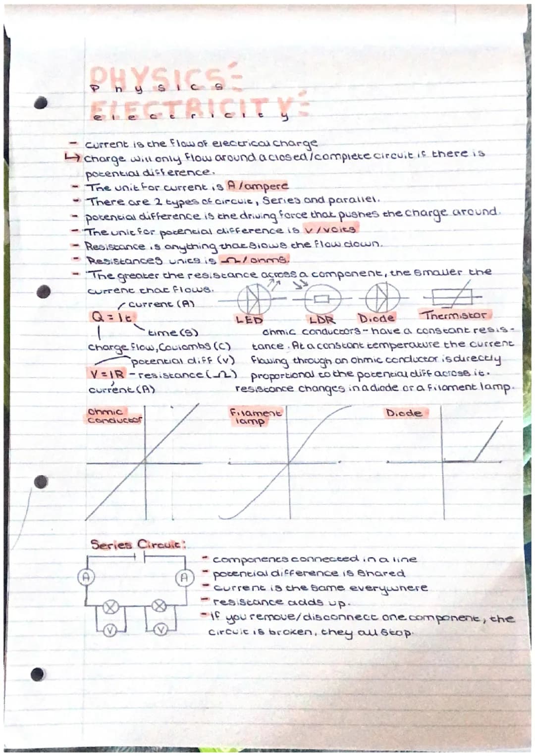 PHYSICS
ELEGTRICITY
- current is the flow of electrical charge
charge will only flow around a closed/complete circuit if there is
potential 