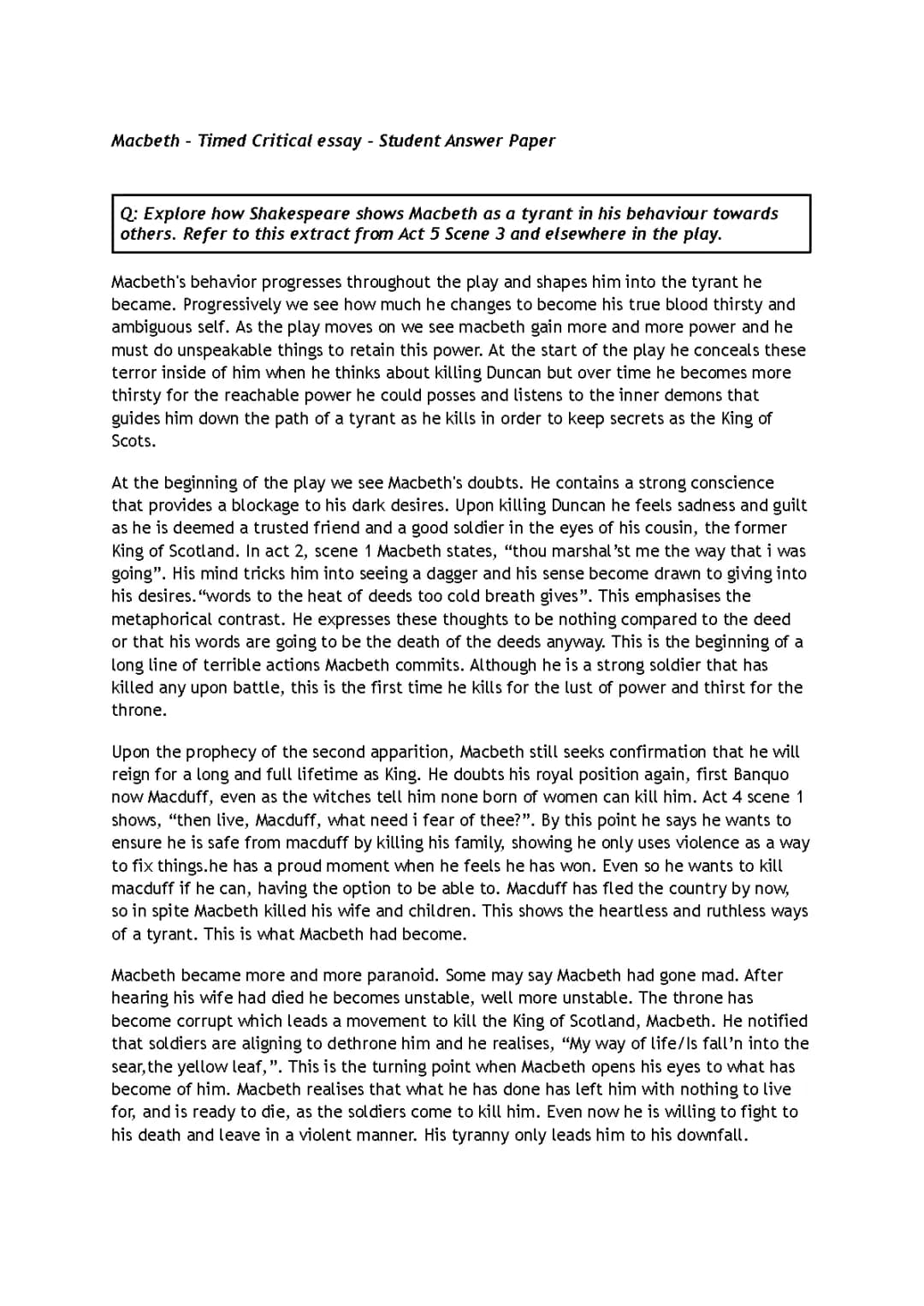 Nat 5 Macbeth Essay
