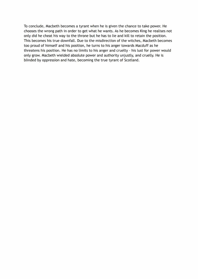 Macbeth - Timed Critical essay - Student Answer Paper
Q: Explore how Shakespeare shows Macbeth as a tyrant in his behaviour towards
others. 