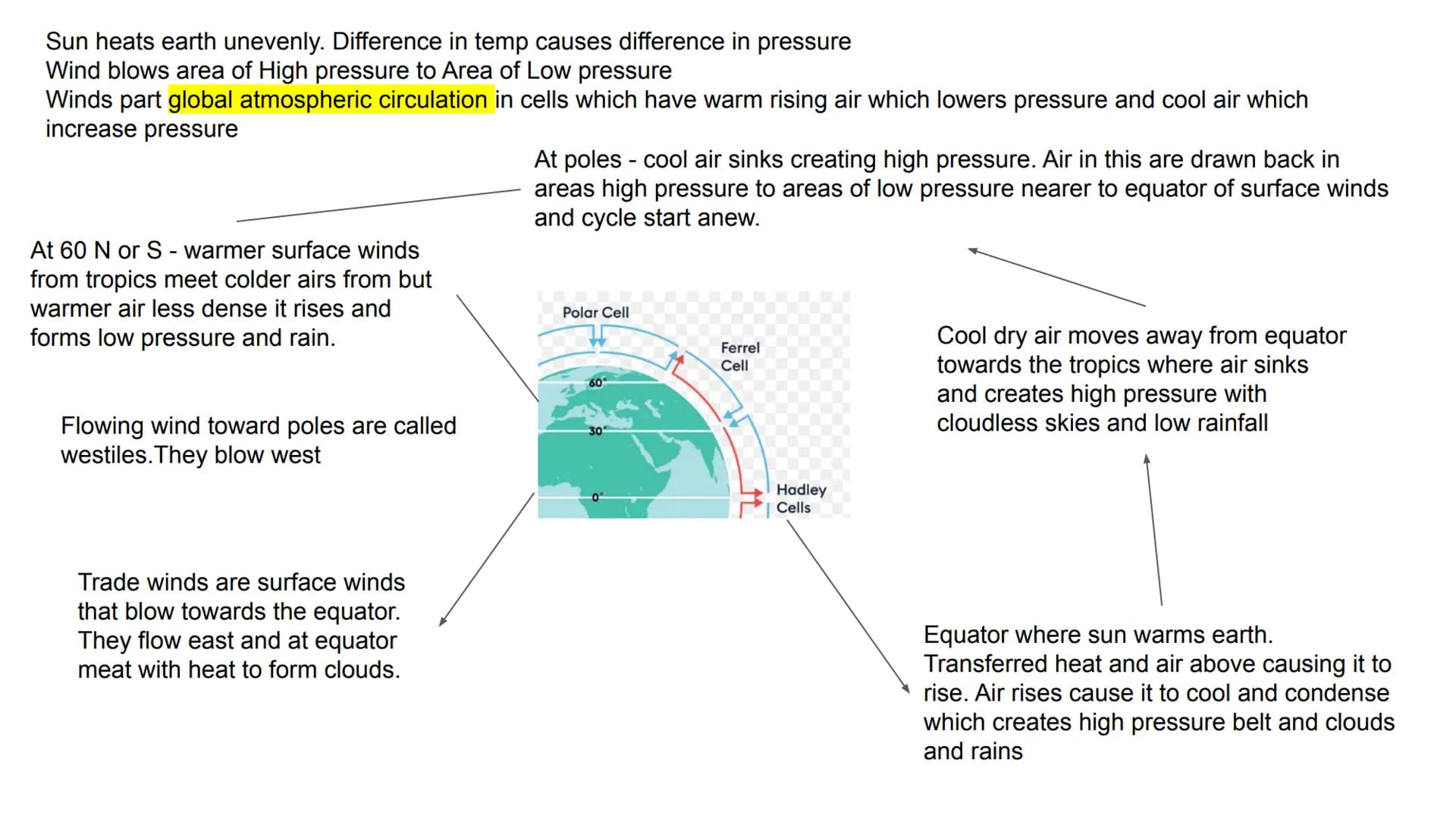 Weather and climate notes Sun heats earth unevenly. Difference in temp causes difference in pressure
Wind blows area of High pressure to Are