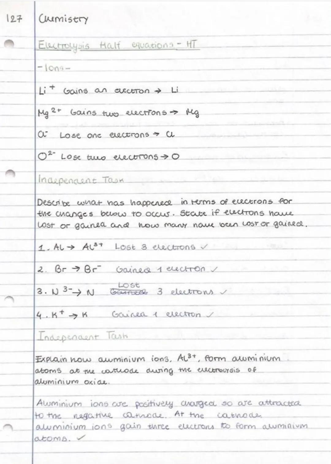 Electrolysis Half Equations HT GCSE