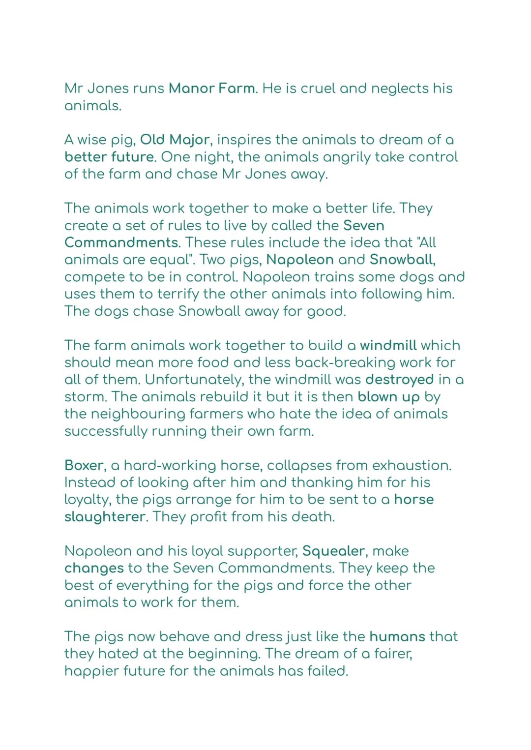 Animal Farm:
Key Points:
• Animal Farm is a fable which means it teaches the
reader a moral lesson.
• It is the story of a revolution on a f