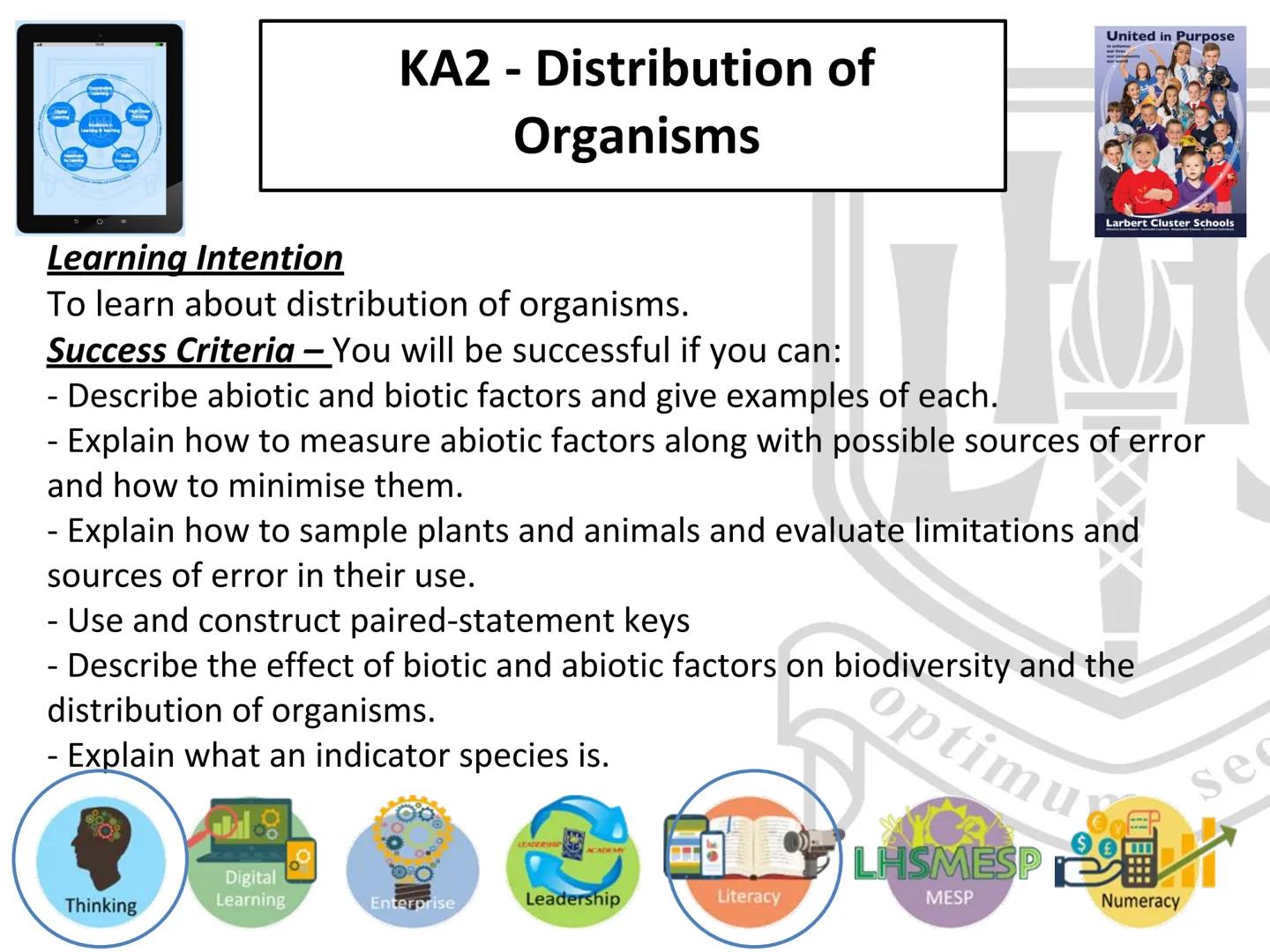 N5 Unit 3 KA2
Distribution of Organisms N5 biology course
1. Cell Biology
2. Multicellular Organisms
3. Life on Earth Unit 3 Life on Earth
1