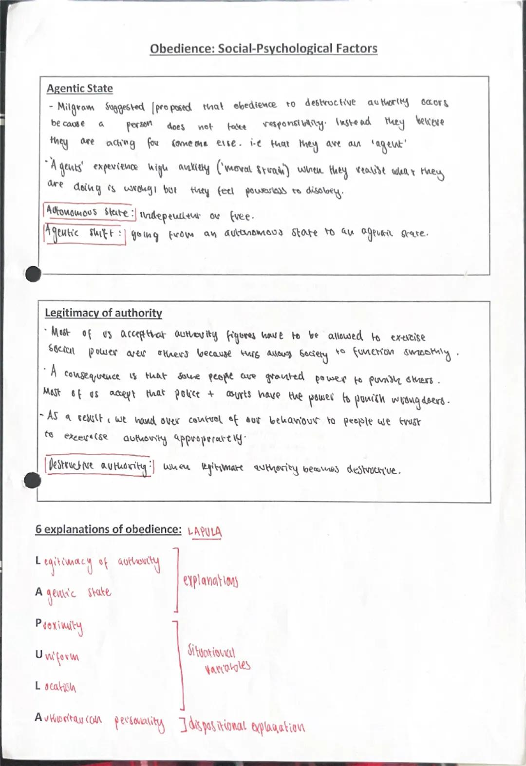 Obedience: Social-Psychological Factors
Agentic State
-Milgram Suggested proposed that obedience to destructive authority occurs
because a p