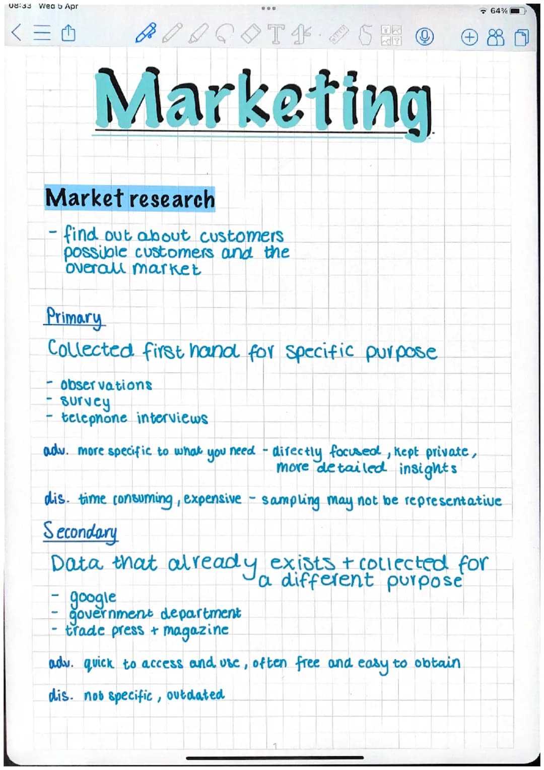 08:33 Wea b Apr
<三
B
Market research
- find out about customers
possible customers and the
Overall market
QTSHO
T.
Marketing
Primary
Collect