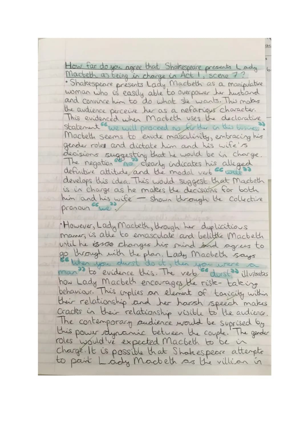 How far do you agree that Shakespeare presents Lady 6.
Macbeth as being in charge in Act 1, scene 7?
• Shakespeare presents Lady Macbeth as 