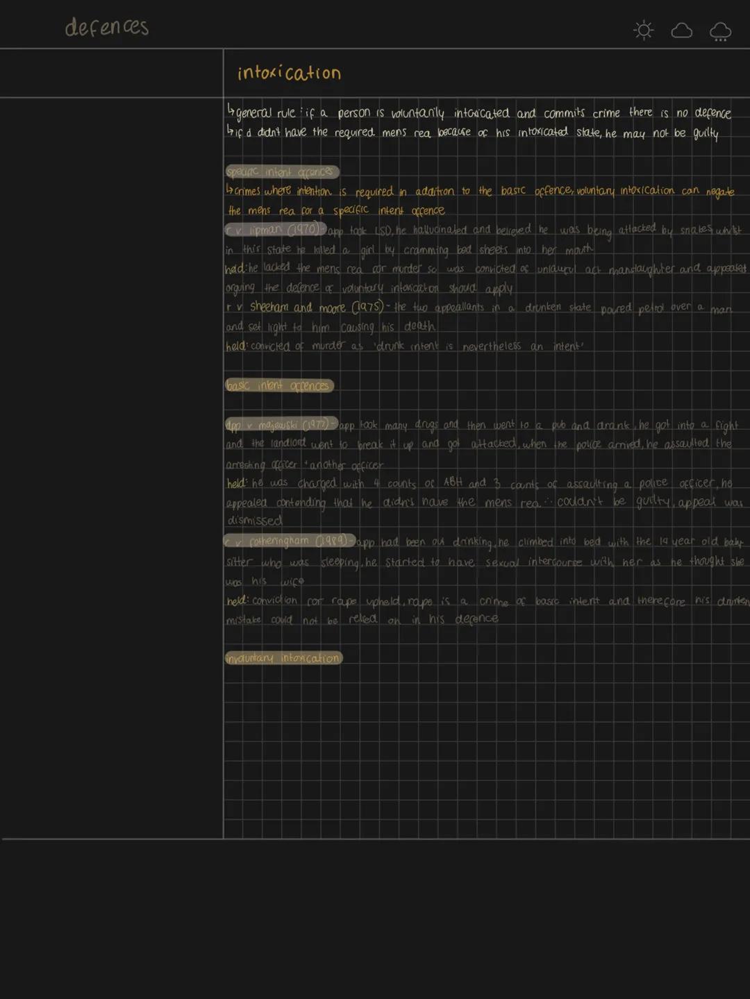 -☀-
(
insanity
↳is a special defence where a must prove they come within the
rules of insanity, if insanity is proved then d is
not guilty
l