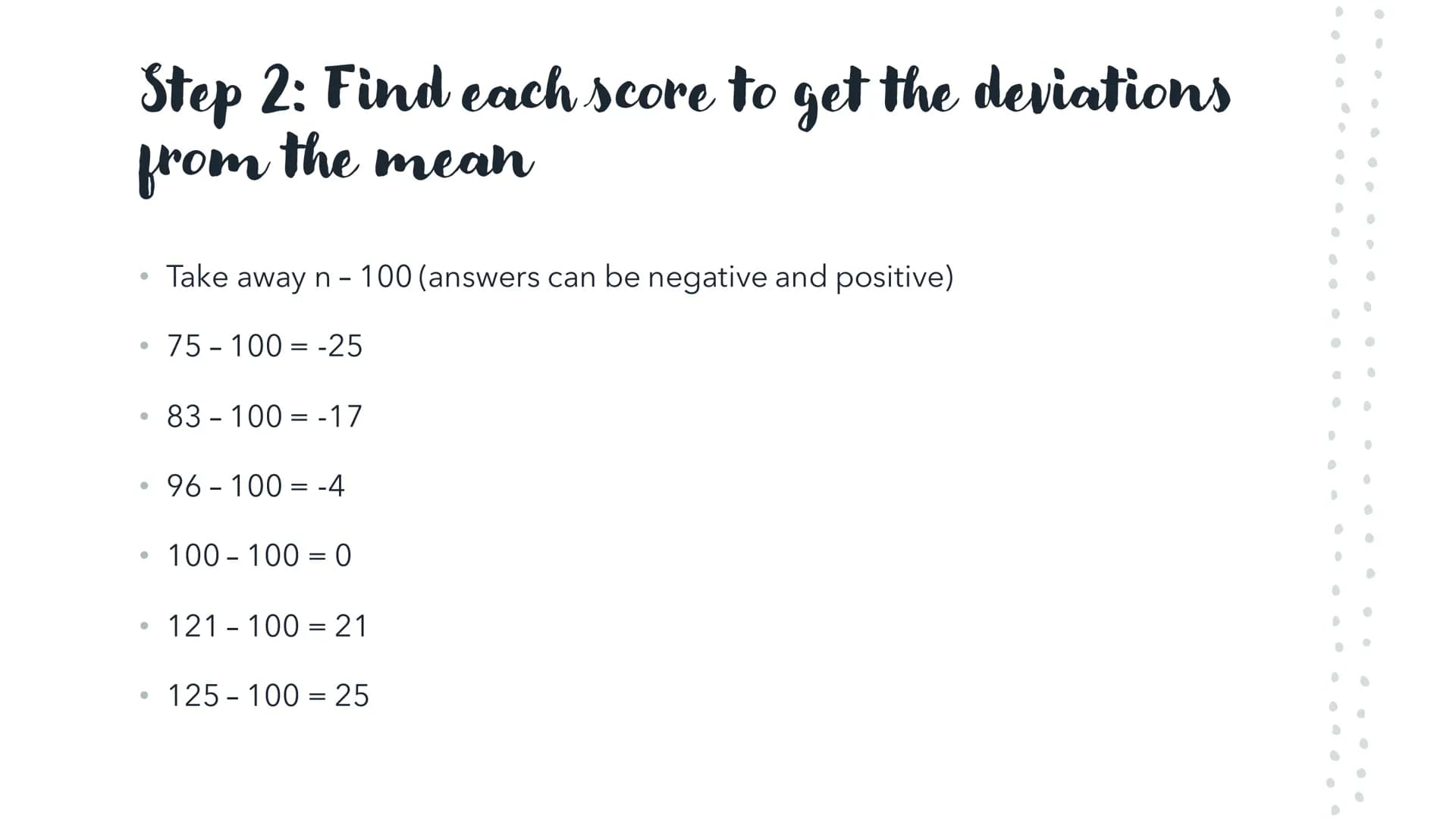 a° = 1 [a0]
Achet
tan
Standard Deviation
arcsin Meaning:
●
●
Measures the average amount that all scores deviate from the mean.
The standard