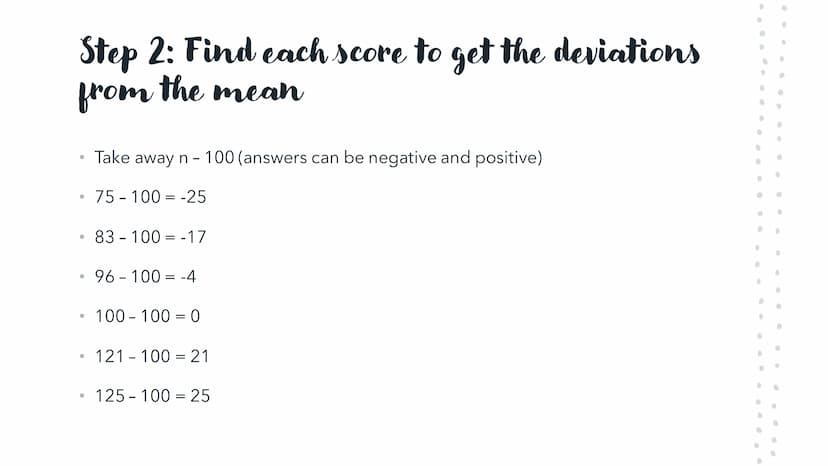 a° = 1 [a0]
Achet
tan
Standard Deviation
arcsin Meaning:
●
●
Measures the average amount that all scores deviate from the mean.
The standard