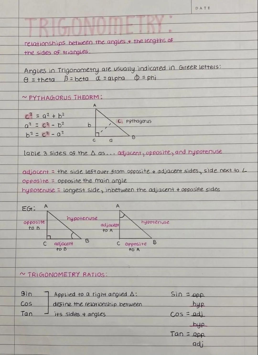 relationships between the angies & the lengths of
the sides of triangles.
Angles in Trigonometry are usually indicated in Greek letters:
e =