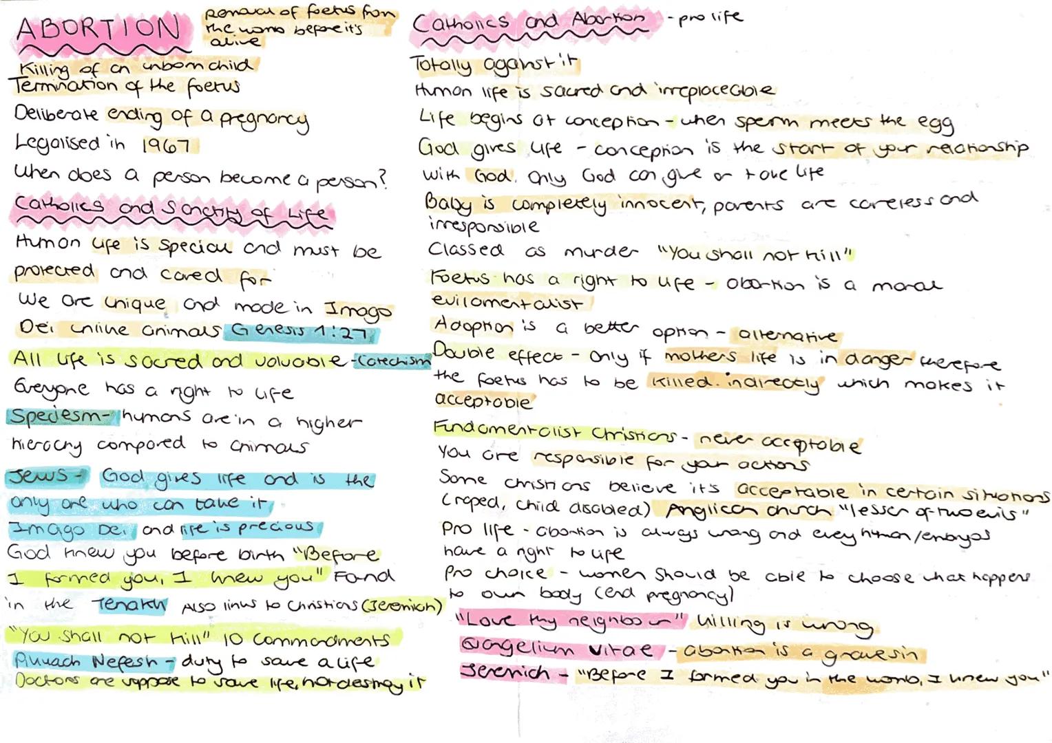 alive
Killing of an unborn child
Termination of the foetus
Deliberate ending of a pregnoncy
Legalised in 1967
When does a person become a pe