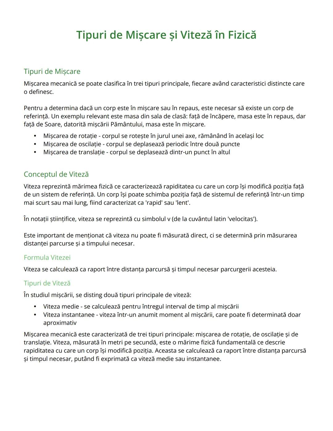 # Tipuri de Mișcare și Viteză în Fizică

Tipuri de Mişcare

Mişcarea mecanică se poate clasifica în trei tipuri principale, fiecare având ca