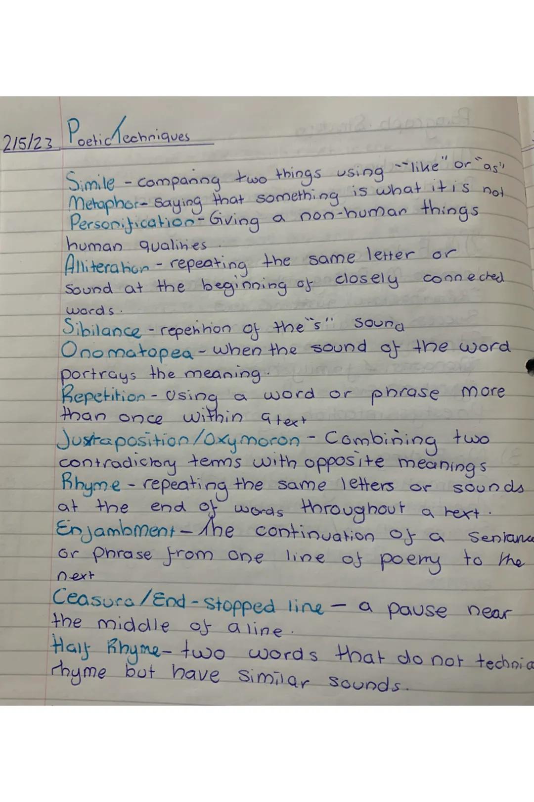 215/23 Poetic Techniques
bath deppen?
Simile - comparing two things using --like" or "as"
Metaphor- saying that something is what it is not
