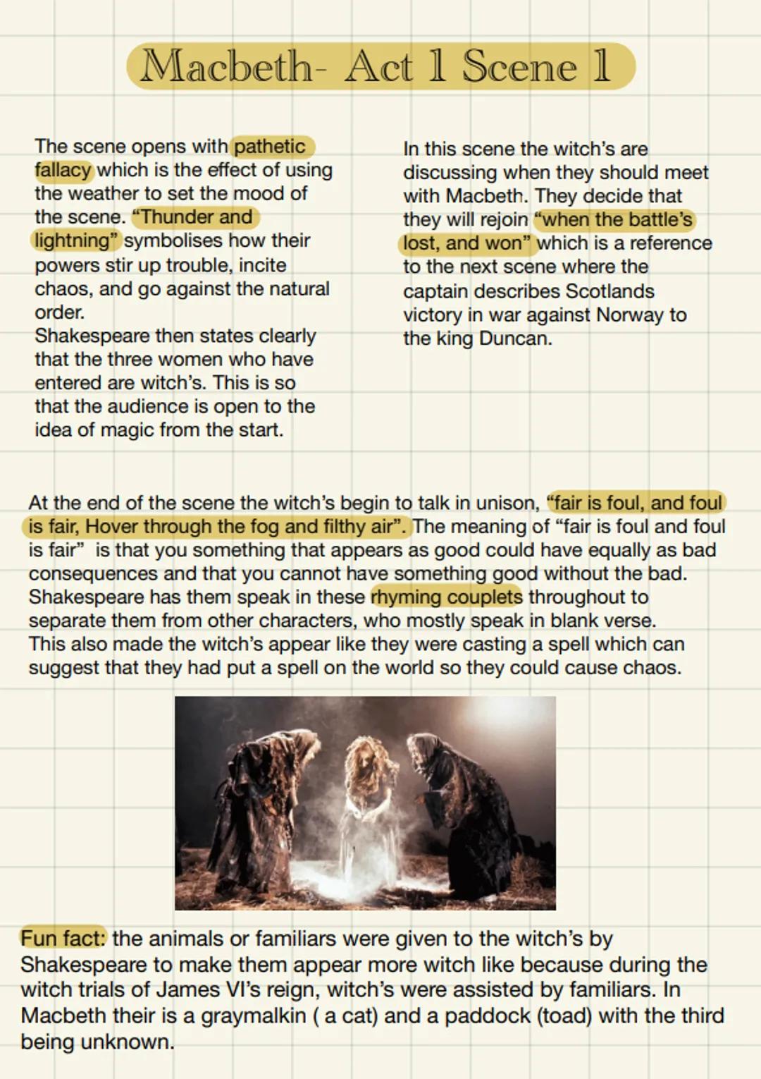 Macbeth- Act 1 Scene 1

The scene opens with pathetic
fallacy which is the effect of using
the weather to set the mood of
the scene. "Thunde