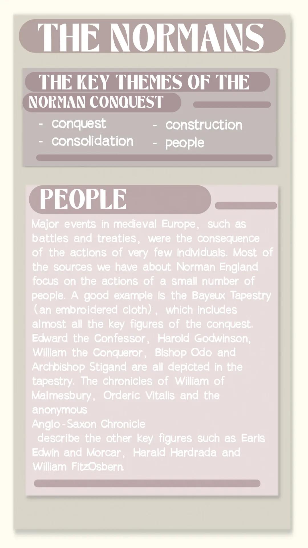 THE NORMANS
THE KEY THEMES OF THE
NORMAN CONQUEST
conquest
- construction
consolidation
-
people
PEOPLE
Major events in medieval Europe, suc