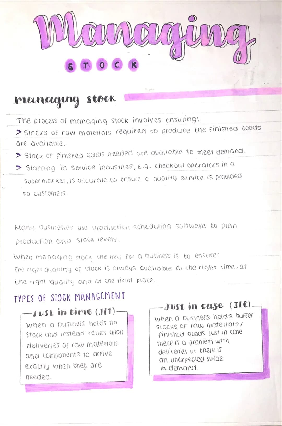 Managing
K
STO
managing stock
The process of managing stock invoives ensuring:
> Stocks of raw materials required to produce the finished go