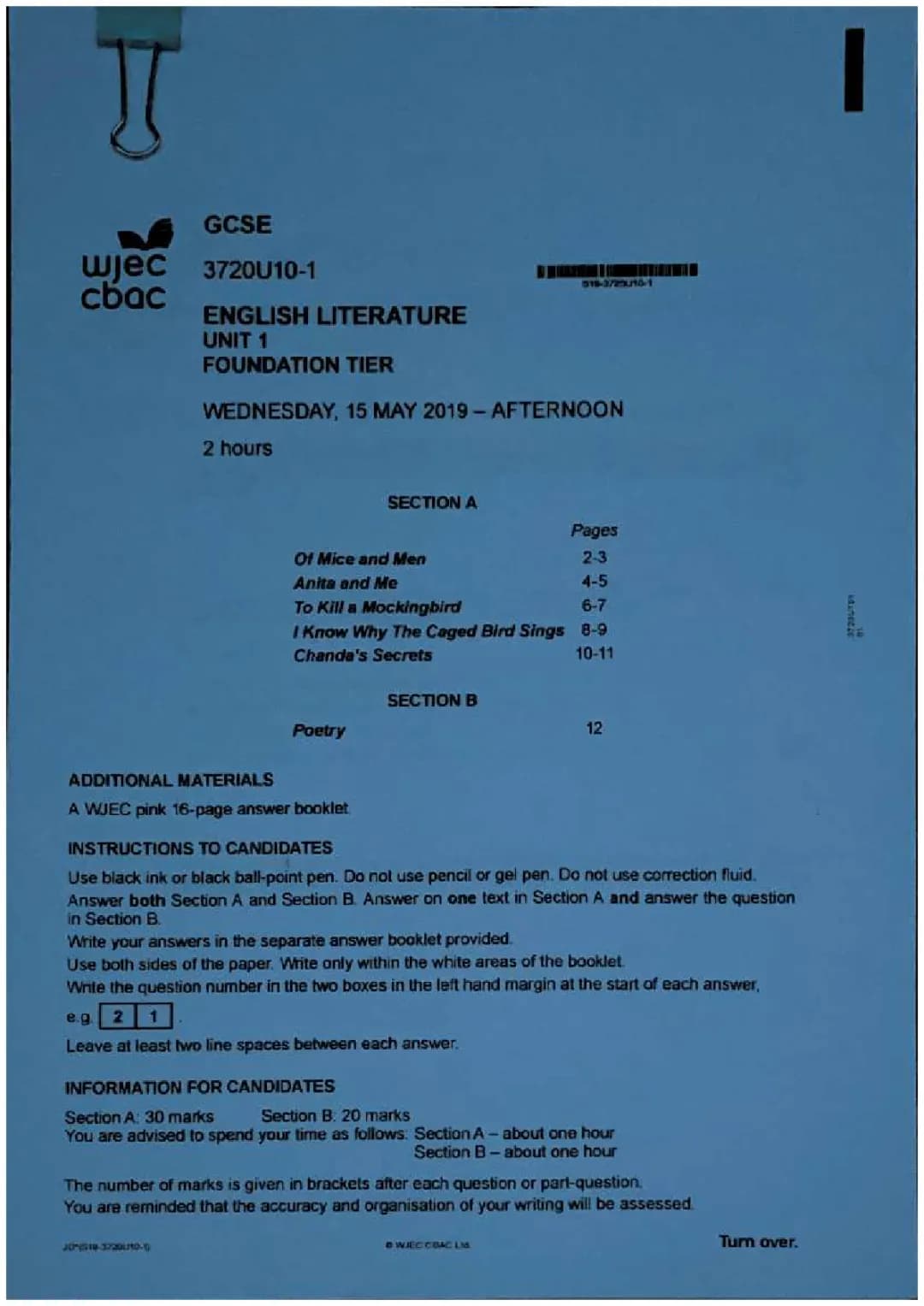 WJEC English Literature GCSE Past Papers and Answers 2024