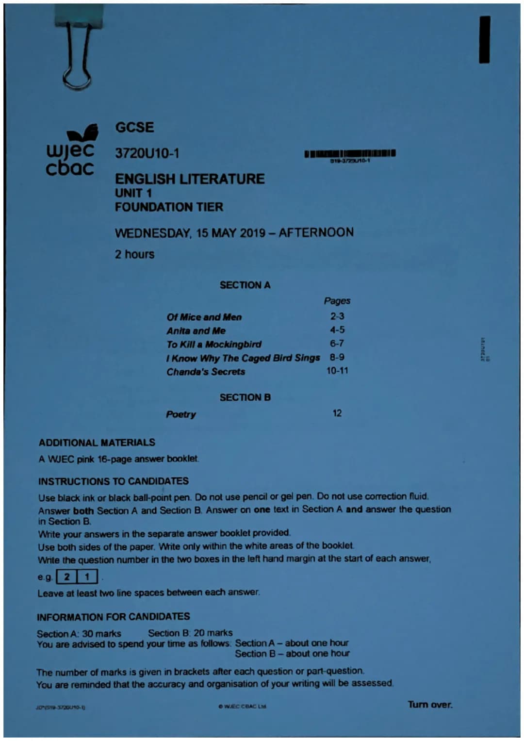 GCSE
wjec 3720U10-1
cbac
ENGLISH LITERATURE
UNIT 1
FOUNDATION TIER
WEDNESDAY, 15 MAY 2019 - AFTERNOON
2 hours
Poetry
ADDITIONAL MATERIALS
A 