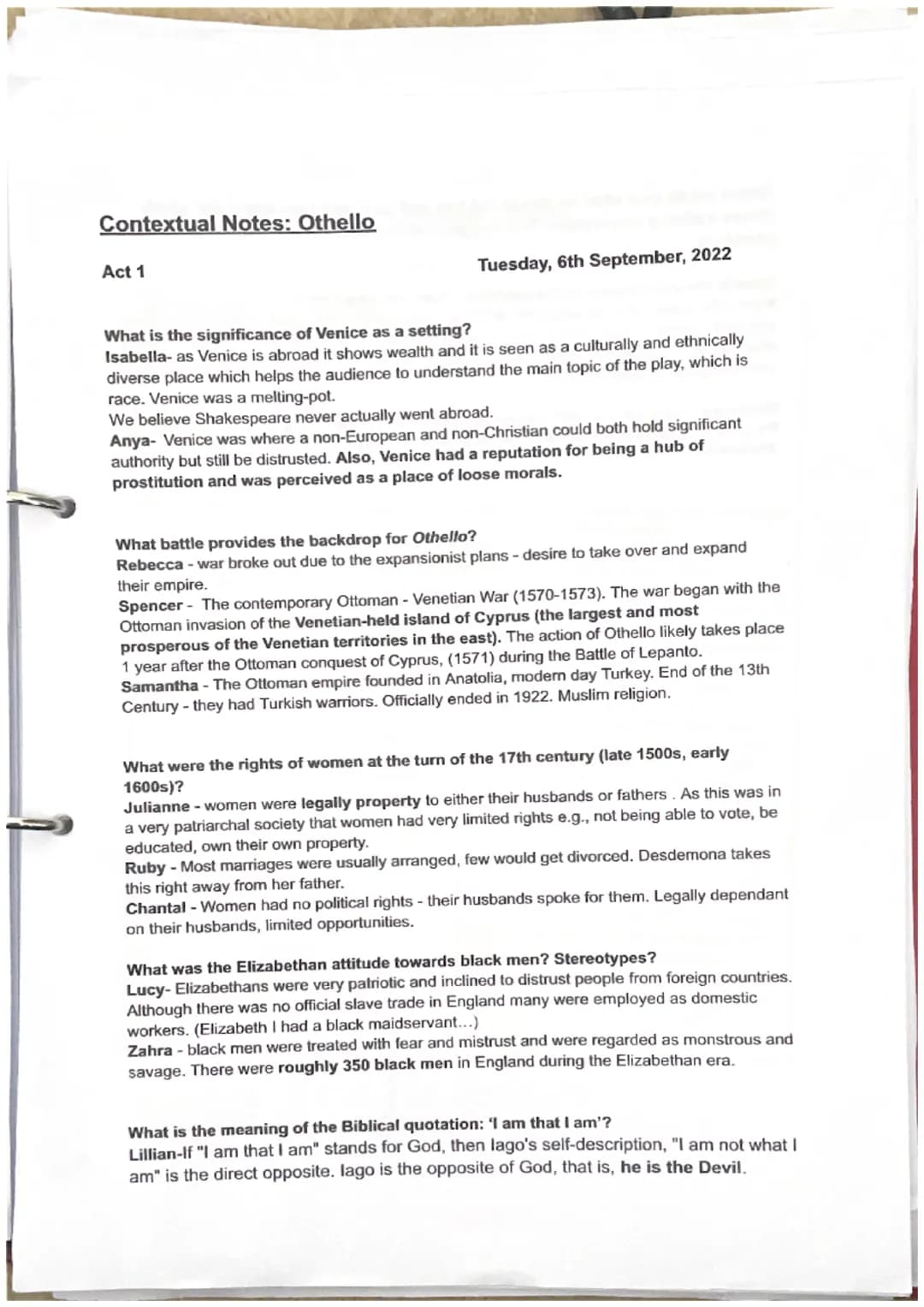 Contextual Notes: Othello
Act 1
Tuesday, 6th September, 2022
What is the significance of Venice as a setting?
Isabella- as Venice is abroad 
