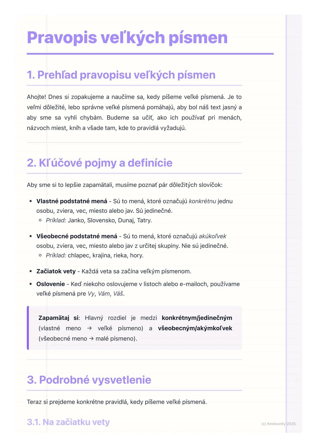 # Pravopis veľkých písmen

1. Prehľad pravopisu veľkých písmen

Ahojte! Dnes si zopakujeme a naučíme sa, kedy píšeme veľké písmená. Je to
ve