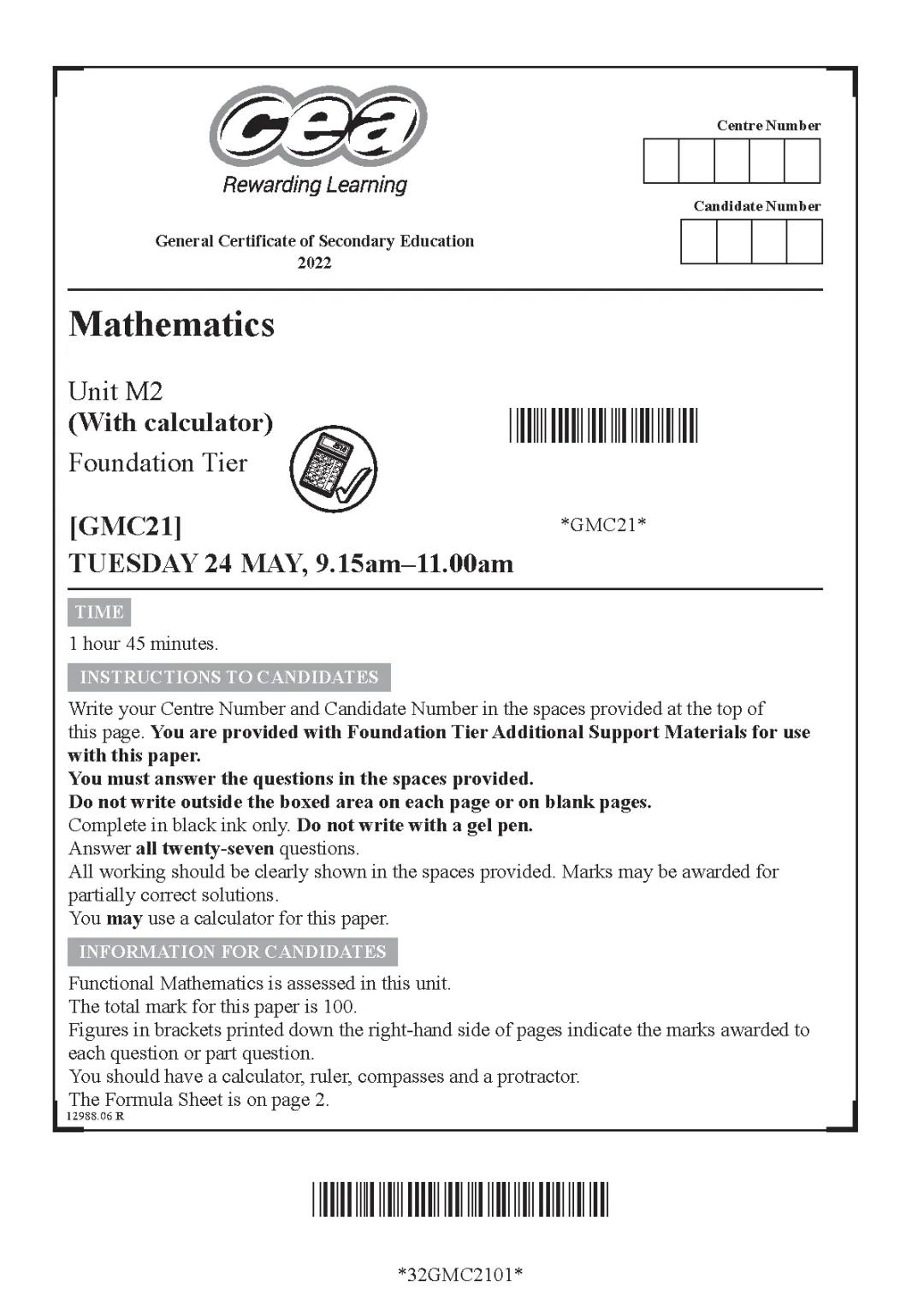 CCEA GCSE Maths M2 Past Papers and Answers - Summer 2022