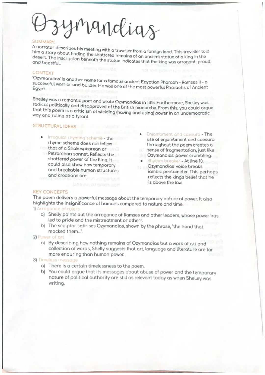 # Ozymandias

SUMMARY:
A narrator describes his meeting with a traveller from a foreign land. This traveller told
him a story about finding 