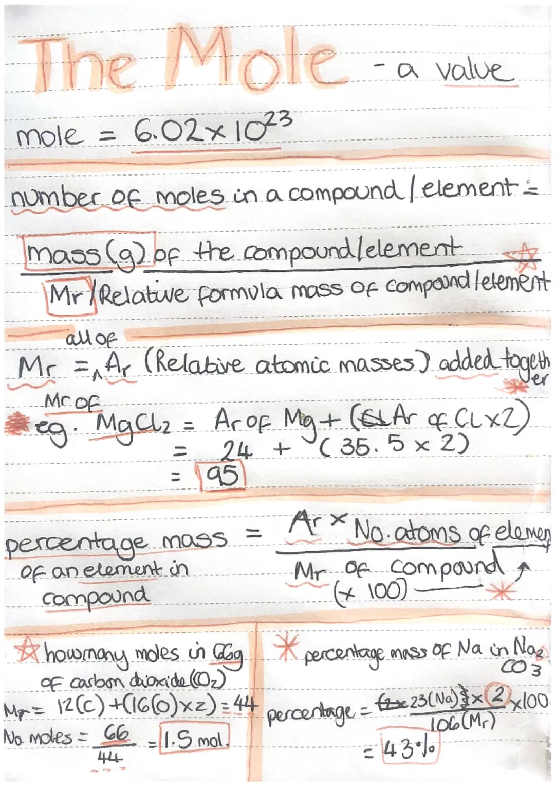 The Mole
mole =
6.02×1023
number of moles in a compound / element =
mass (g) of the compound /element. A
Mr Relative formula mass of compoun