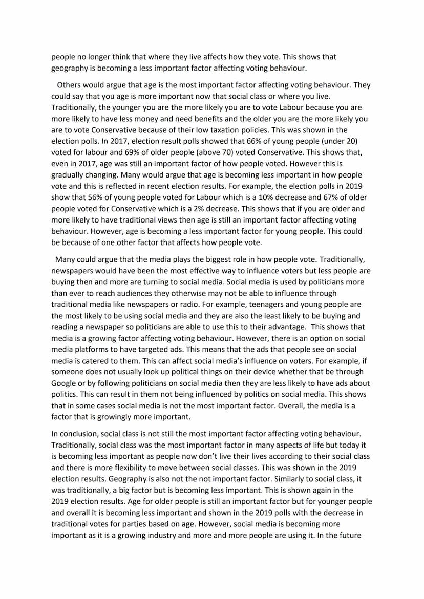 Higher Modern Studies
Timed Essay
Many people would argue that social class is still the most important factor affecting voting
behaviour. O