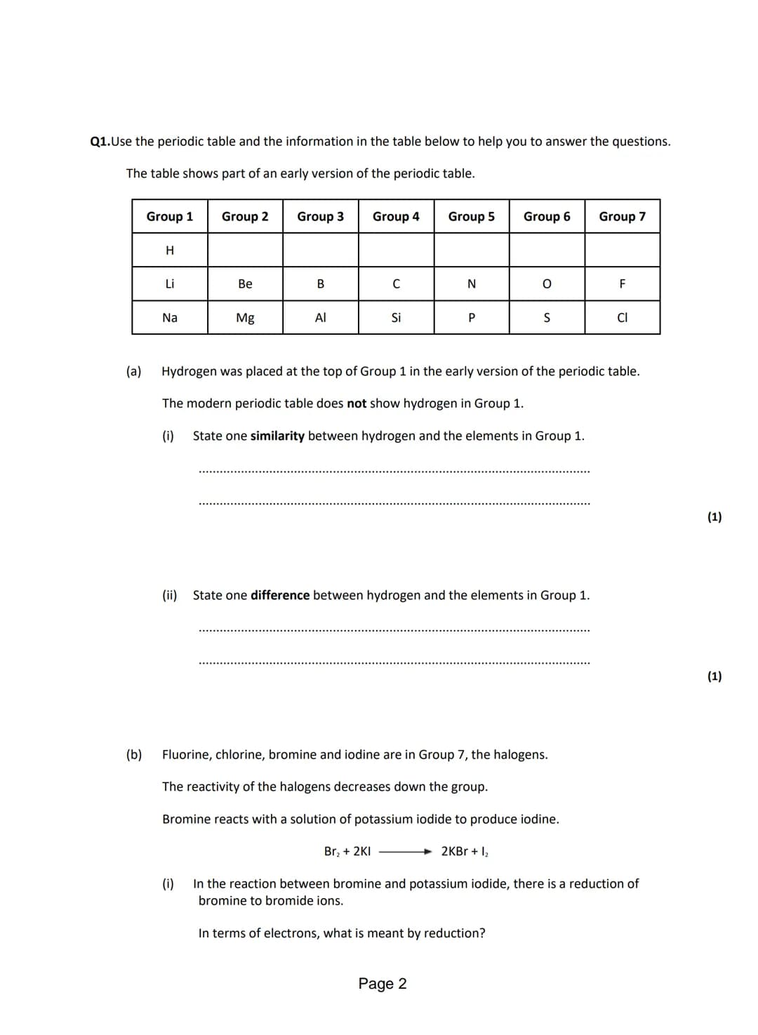 Q1. Use the periodic table and the information in the table below to help you to answer the questions.
The table shows part of an early vers