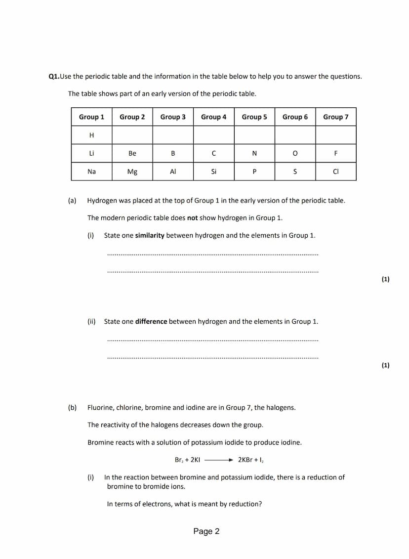 Q1. Use the periodic table and the information in the table below to help you to answer the questions.
The table shows part of an early vers