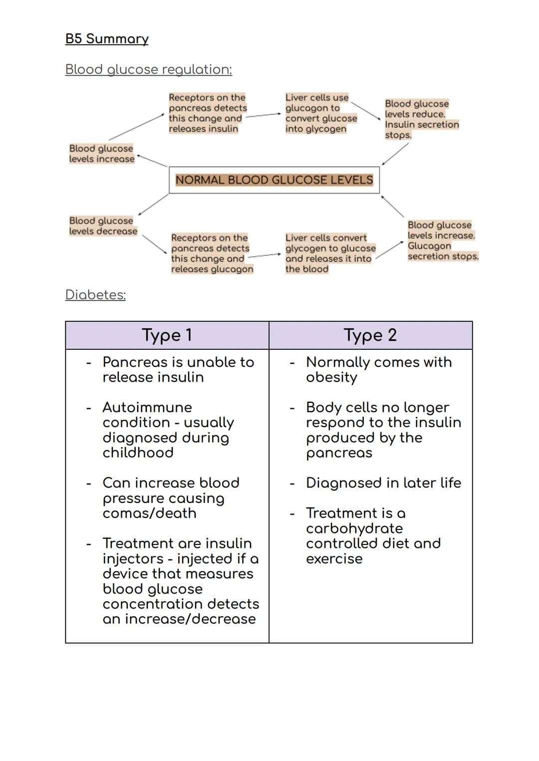 B5 Summary
Blood glucose regulation:
Receptors on the
pancreas detects
this change and
releases insulin
Blood glucose
levels increase
Blood 