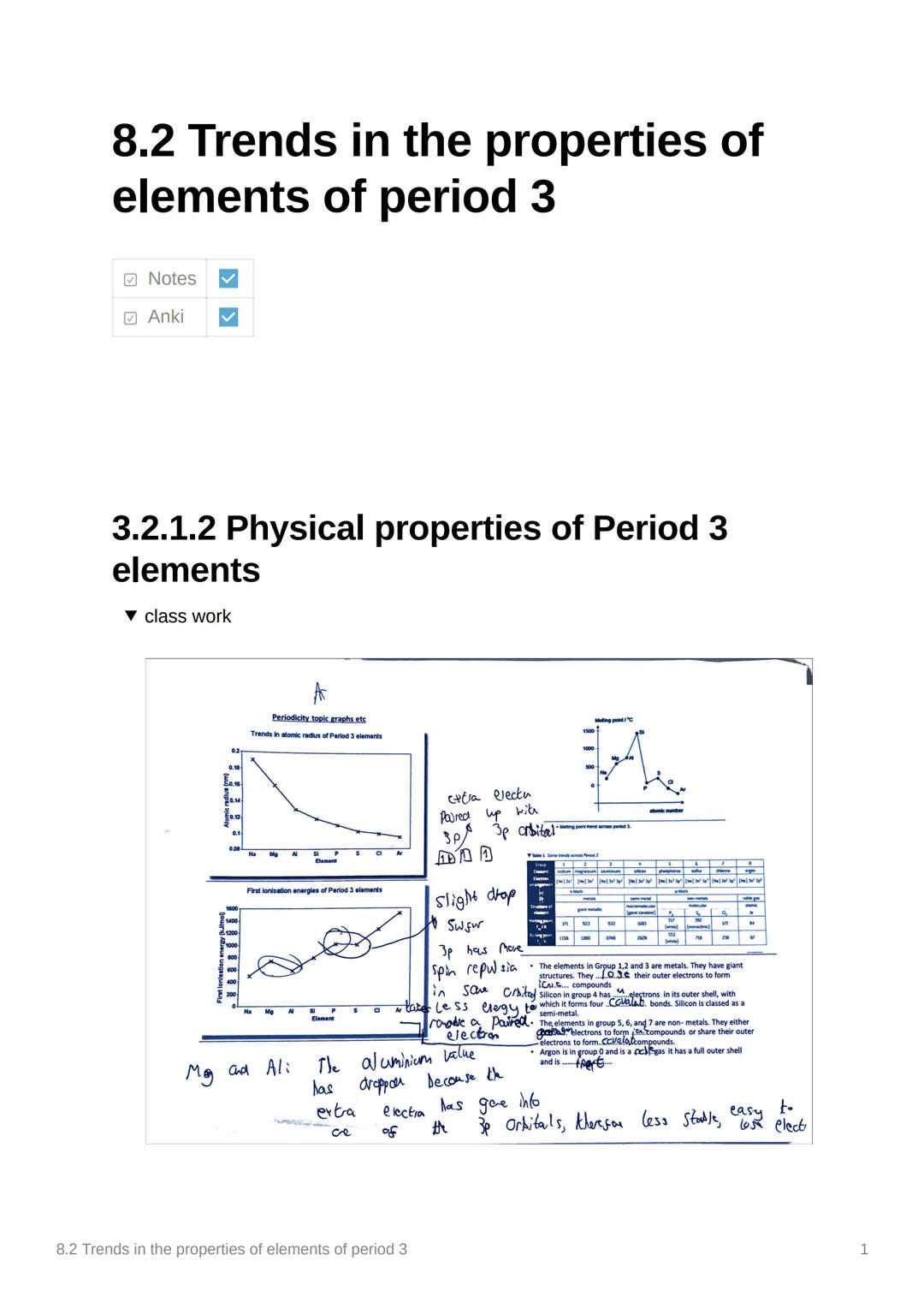 8.2 Trends in the properties of
elements of period 3
Notes
Anki
3.2.1.2 Physical properties of Period 3
elements
▾ class work
1400
1200
Peri
