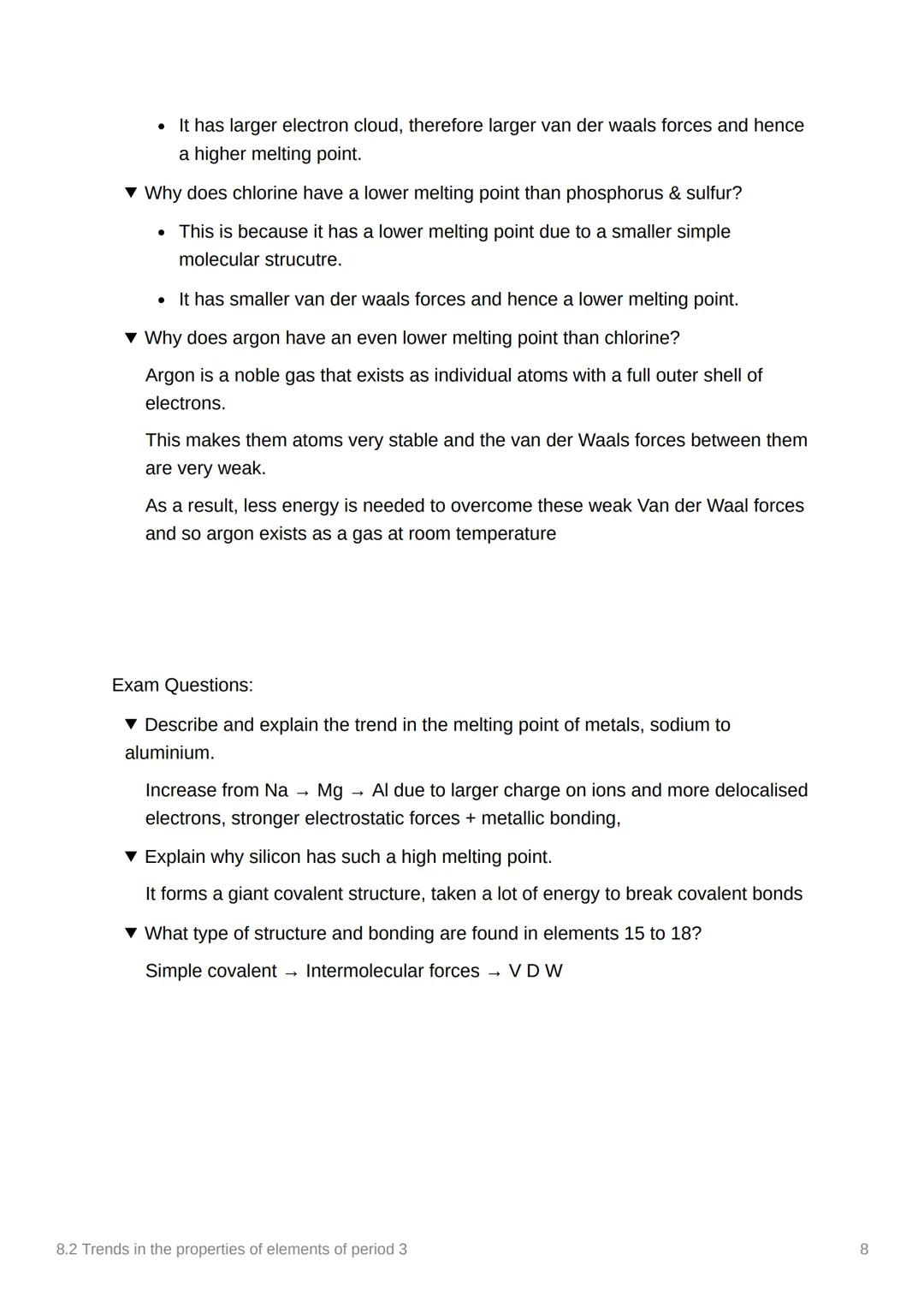 8.2 Trends in the properties of
elements of period 3
Notes
Anki
3.2.1.2 Physical properties of Period 3
elements
▾ class work
1400
1200
Peri