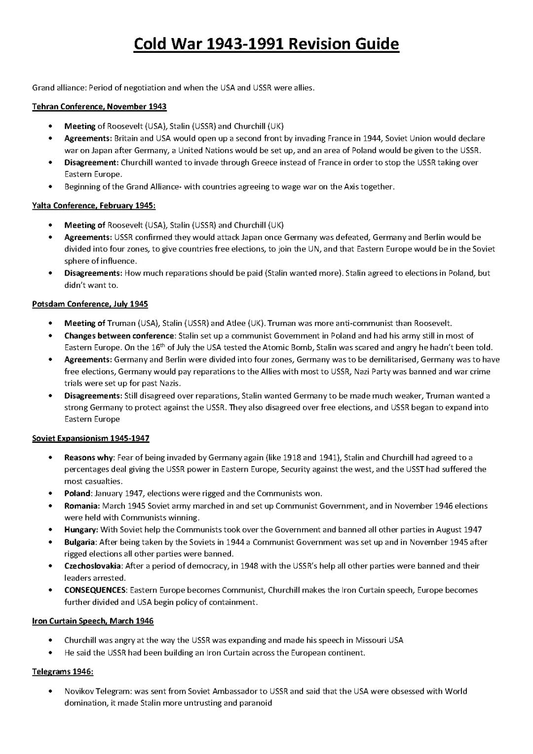 Cold War Revision Sheet