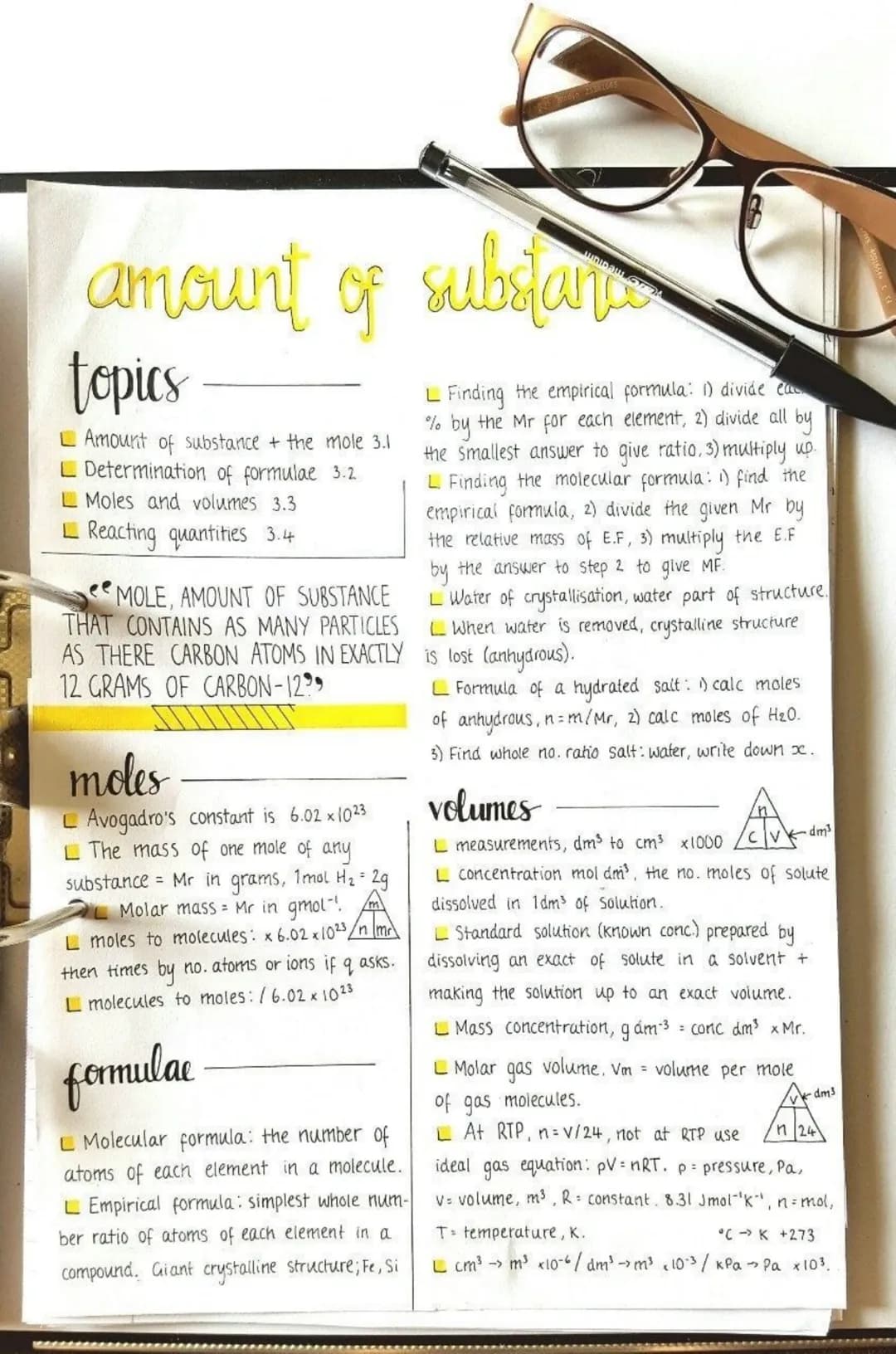 amount of substanc
topics
Amount of substance + the mole 3.1
L Determination of formulae 3.2
Moles and volumes 3.3
Reacting quantities 3.4
M