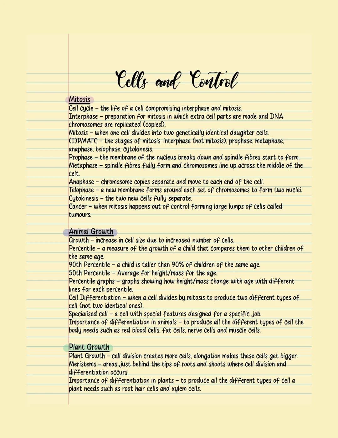 Cells and Control
Mitosis
Cell cycle the life of a cell compromising interphase and mitosis.
-
Interphase-preparation for mitosis in which e