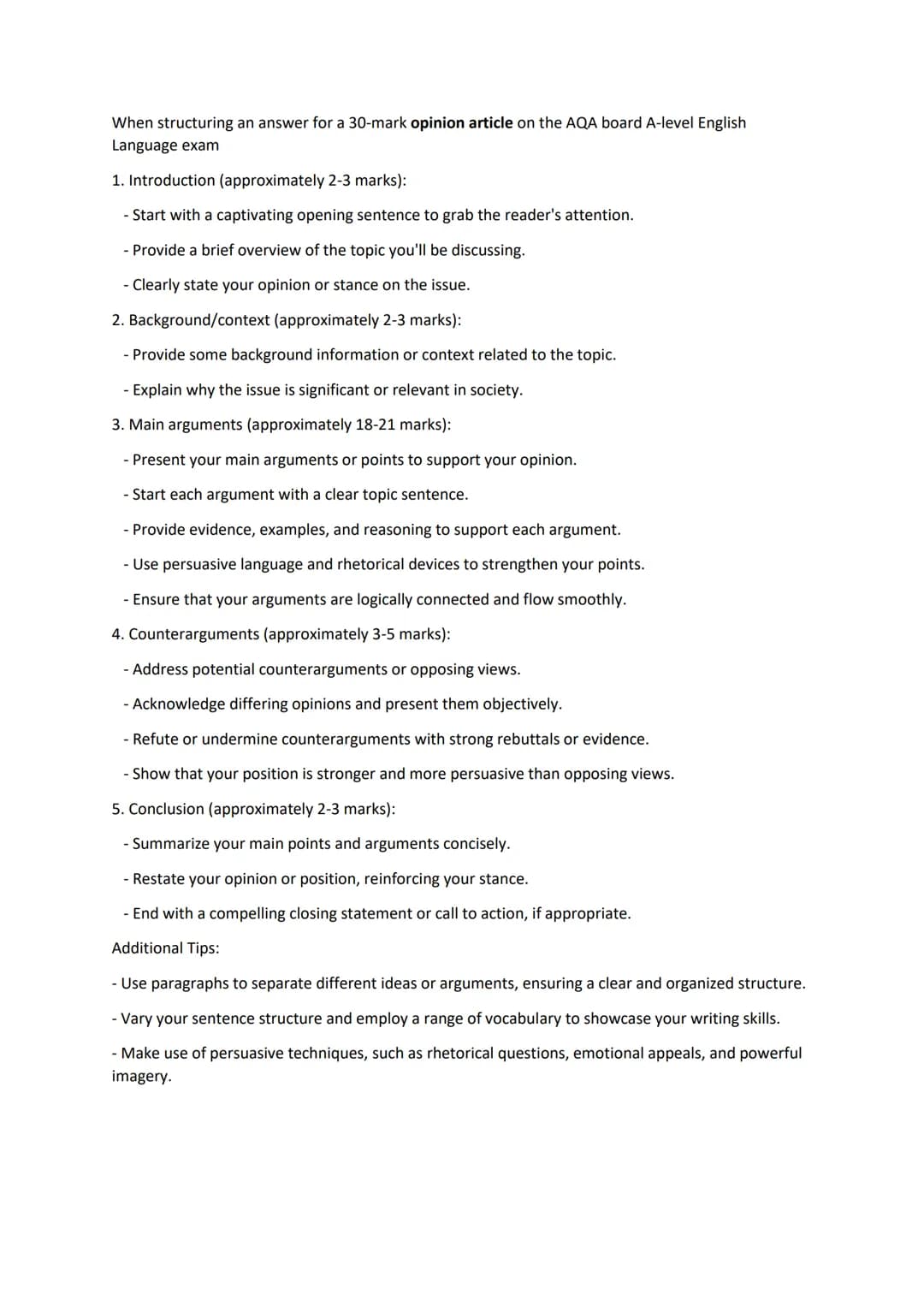 When structuring an answer for a 30-mark opinion article on the AQA board A-level English
Language exam
1. Introduction (approximately 2-3 m