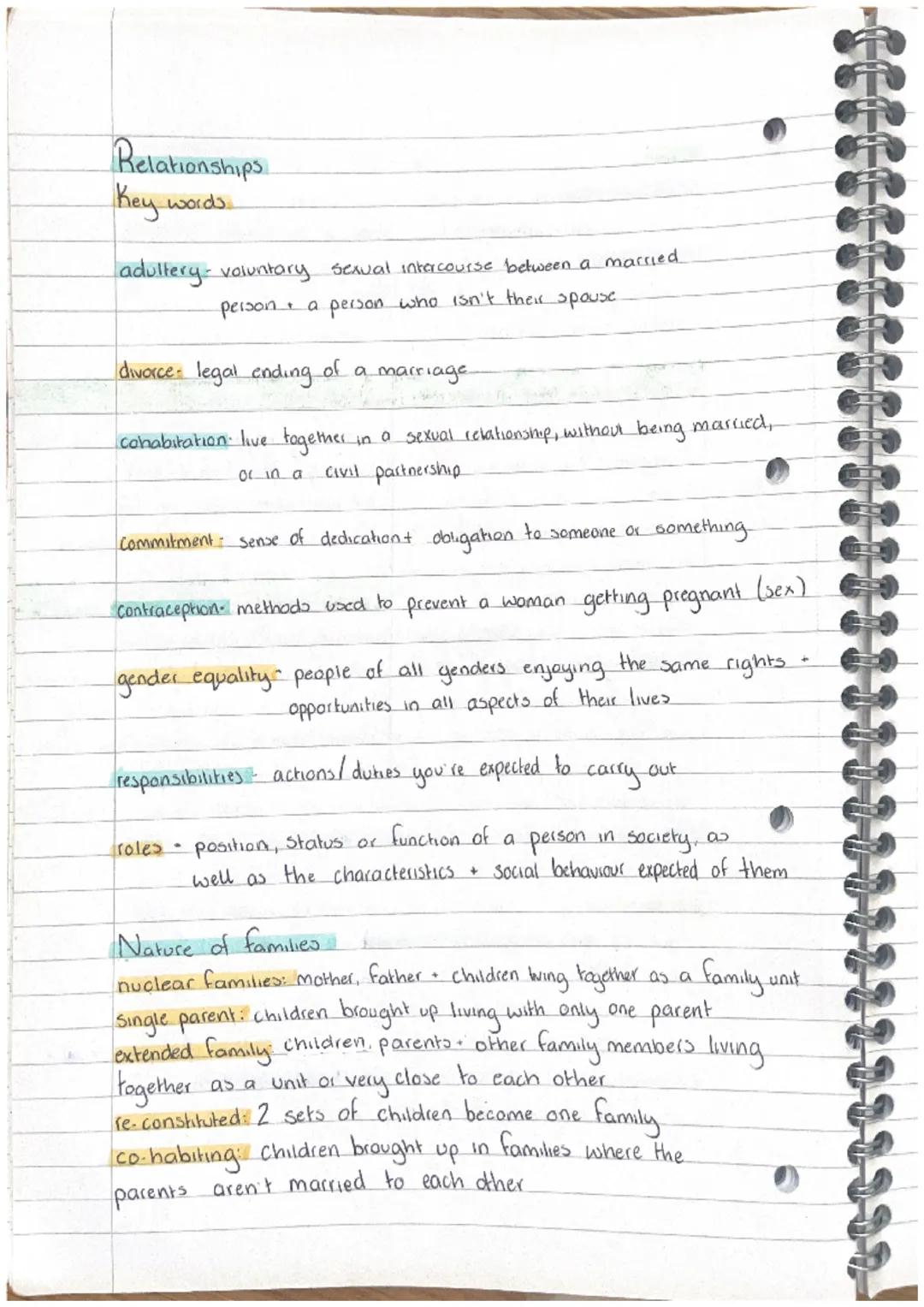 Relationships
Key words

adultery-voluntary sexual intercourse between a married
person a person who isn't their spouse.

divorce legal endi