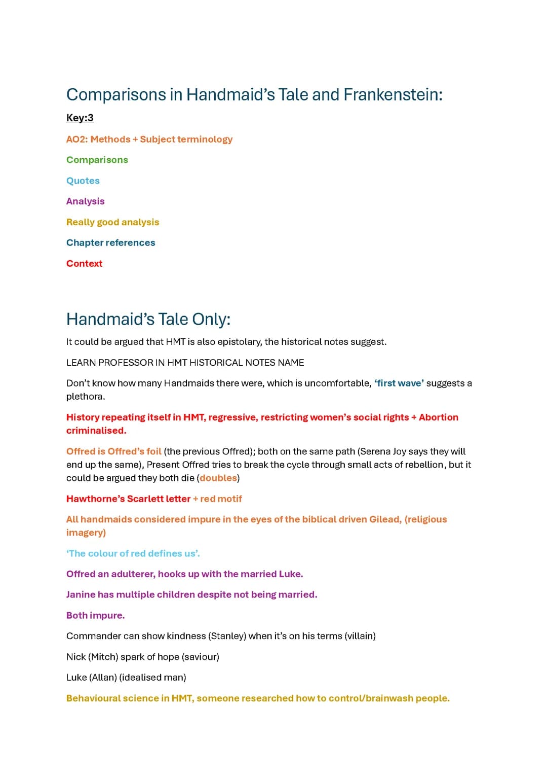 A Handmaid's Tale and Frankenstein comparisons
