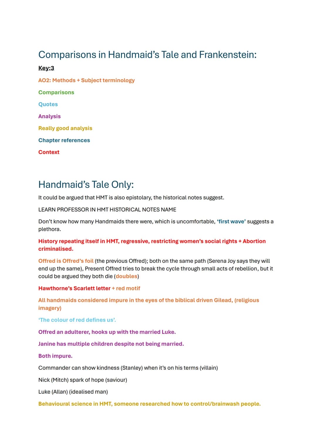 Comparisons in Handmaid's Tale and Frankenstein:
Key:3
AO2: Methods + Subject terminology
Comparisons
Quotes
Analysis
Really good analysis
C