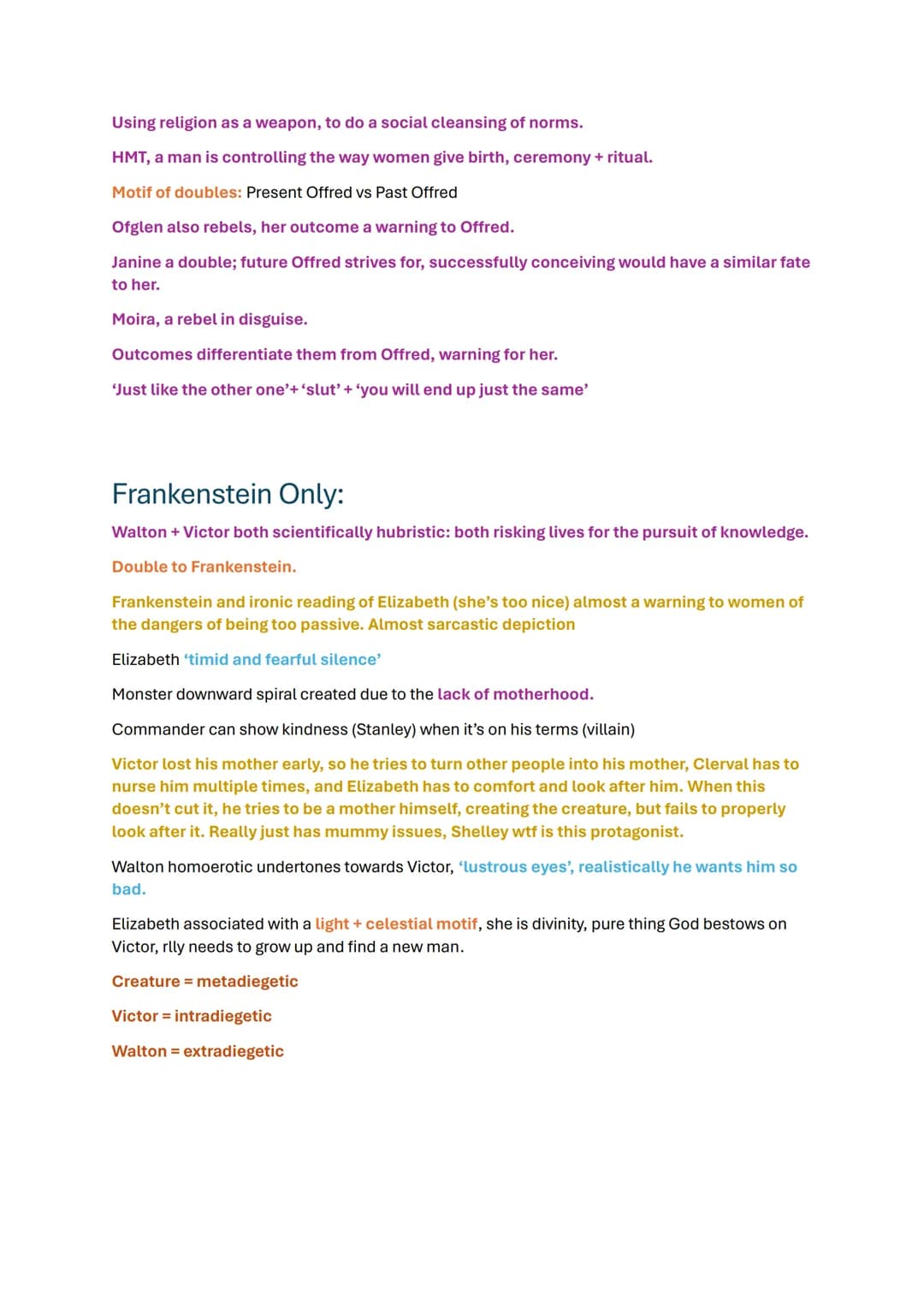 Comparisons in Handmaid's Tale and Frankenstein:
Key:3
AO2: Methods + Subject terminology
Comparisons
Quotes
Analysis
Really good analysis
C